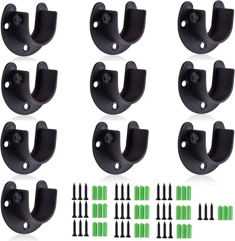 RHBLME 10PCS Stainless Steel Closet Rod Brackets Black, 1-1/4 Inch Diameter U-Shaped Closet Rod Holders, Heavy Duty Closet Rod End Supports Closet Pole Sockets Flange Rod Holder Set with Screws - Image 1